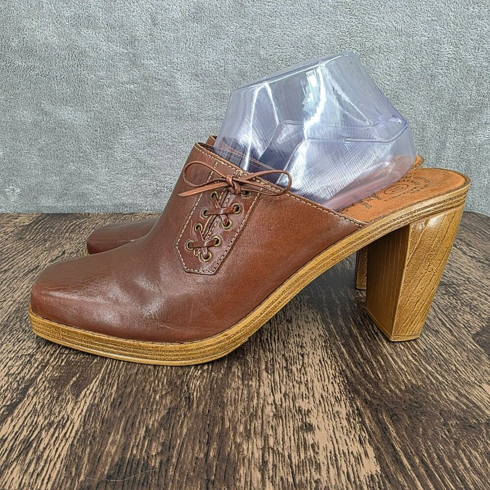 No Boundaries Vintage Mules Clogs Heels 10 Brown Square Toe Leather Y2K Side Tie - Picture 7 of 15